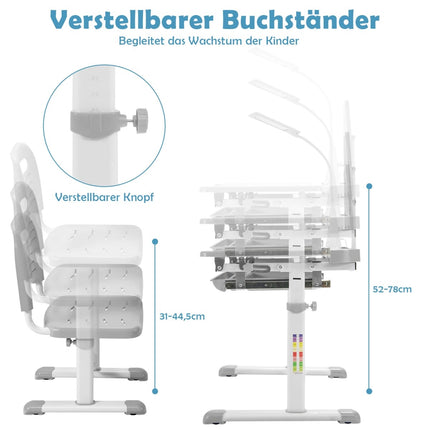 Children's Desk and Chair Set with LED Light, Adjustable Height