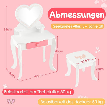 Children's Dressing Table Set with ♡Heart Shaped Mirror & Stool & Drawer & Accessories