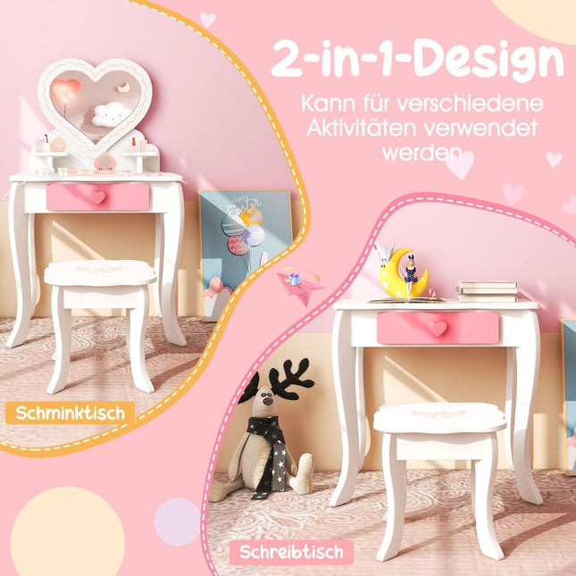Children's Dressing Table Set with ♡Heart Shaped Mirror & Stool & Drawer & Accessories
