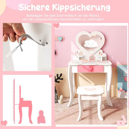 Children's Dressing Table Set with ♡Heart Shaped Mirror & Stool & Drawer & Accessories