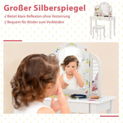 Children's Dressing Table and Chair Set Children's Dressing Table with Triple Folding Mirror White