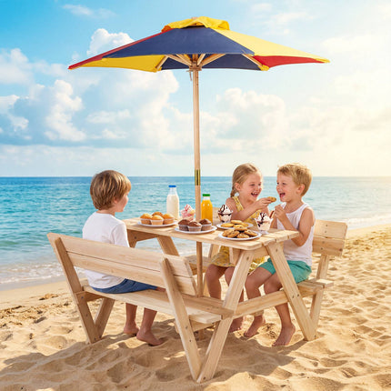 Children's Fir Wood Picnic Table Set with Adjustable Parasol