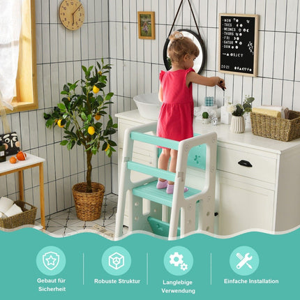 Children's Kitchen Stool with Double Safety Handrails & 3 Adjustable Heights & Non-Slip Feet Green