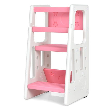 Children's Kitchen Stool with Double Safety Handrails & 3 Adjustable Heights & Non-Slip Feet Pink