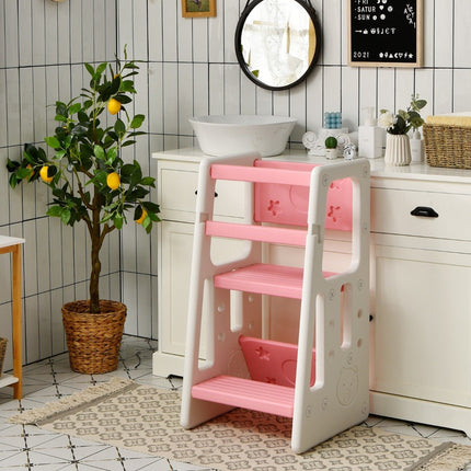 Children's Kitchen Stool with Double Safety Handrails & 3 Adjustable Heights & Non-Slip Feet Pink