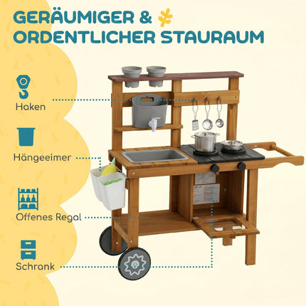 Children's Outdoor Mud Kitchen with Sink and Wheels, Ages 3-6