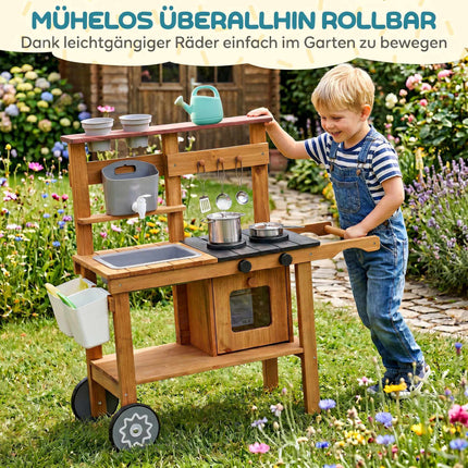 Children's Outdoor Mud Kitchen with Sink and Wheels, Ages 3-6