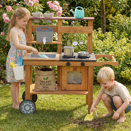 Children's Outdoor Mud Kitchen with Sink and Wheels, Ages 3-6