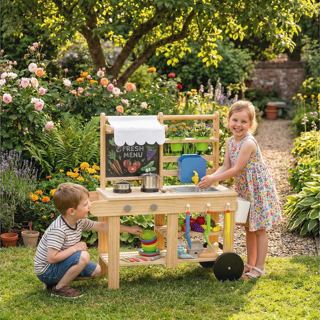 Children's Outdoor Wooden Play Kitchen with Water Faucet