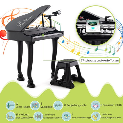 Children's Piano with 37 Keys & Stool Toy Piano Portable 47 x 37 x 70 cm Black