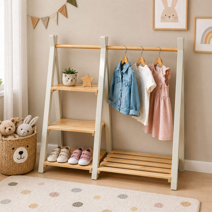 Children's Pine Clothes Rack with Shelf, Natural White