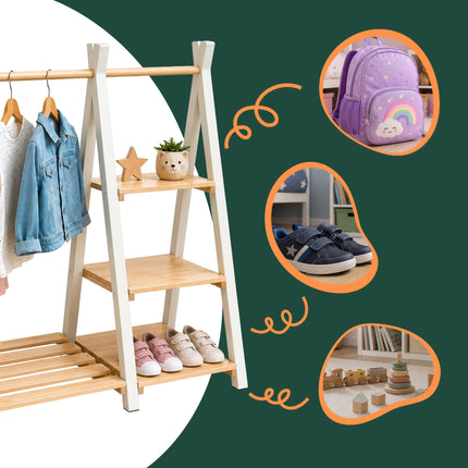 Children's Pine Clothes Rack with Shelf, Natural White