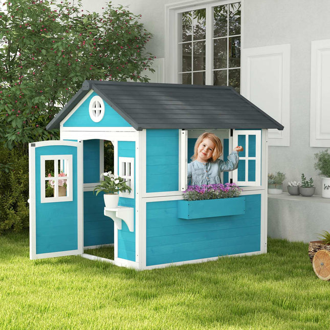 Kinderspeelhuis van hout Buitenspeelhuis met raam, bloemenplank, plantenbak en deur tuinhuis voor kinderen van 3-8 jaar blauw Aosoom