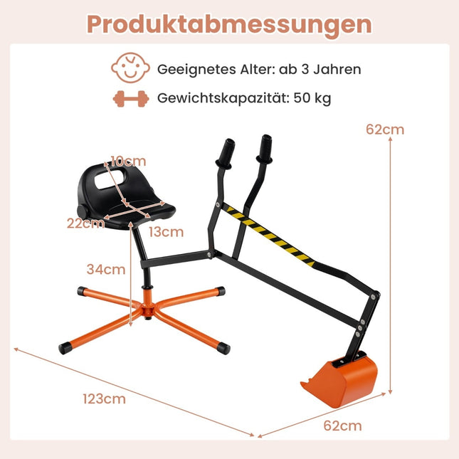 Children's Ride-On Digger with 360 Rotating Seat, Metal