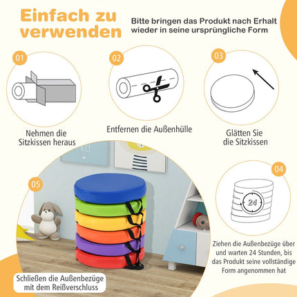Children's Round Floor Cushions Set of 6, 35x35 cm, Easy-Clean