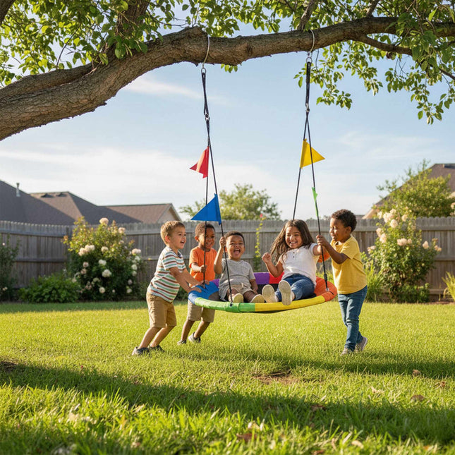 Children's Round Nest Swing with Colorful Pennants