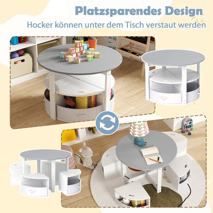 Children's Round Table Set with 4 Storage Stools, Grey