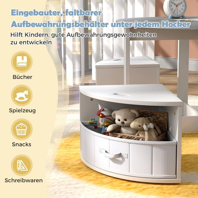 Children's Round Table Set with 4 Storage Stools, Grey