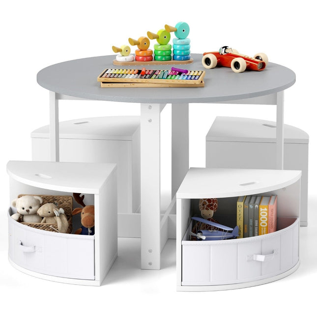 Children's Round Table Set with 4 Storage Stools, Grey