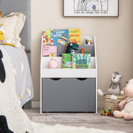 Children's Shelf with 3 Shelves & Rolling Toy Box Children's Bookshelf Gray + White