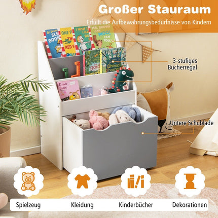 Children's Shelf with 3 Shelves & Rolling Toy Box Children's Bookshelf Gray + White