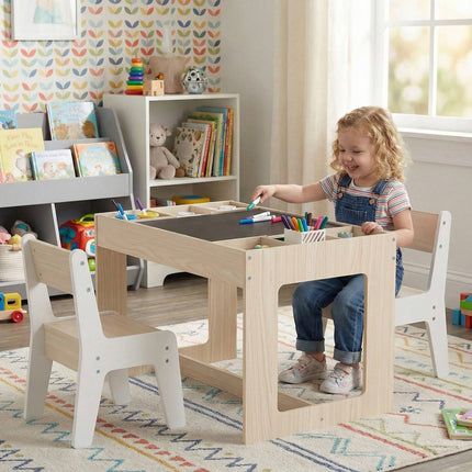 Children's Table Set with 2 Chairs, Dual-Sided Top