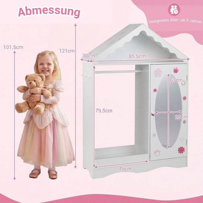 Children's Wardrobe with Mirror, Roof Design, Pink/White