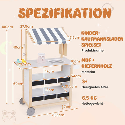Children's Wooden Ice Cream Cart with 6 Toys & Shelves