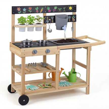 Children's Wooden Mud Kitchen with Wheels and Accessories