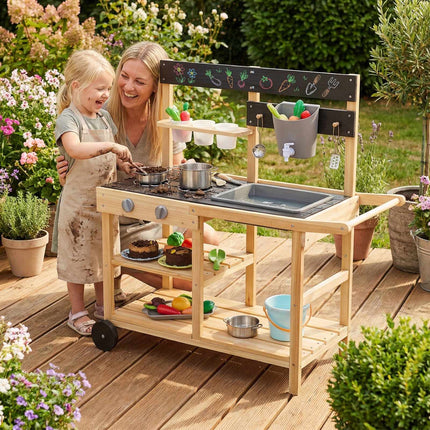 Children's Wooden Mud Kitchen with Wheels and Accessories