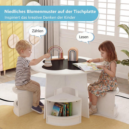 Children's Wooden Table Set with 4 Storage Stools, White