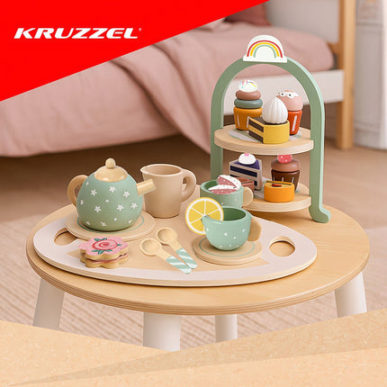 Children's Wooden Tea Set with Cake Stand, 15 Pieces