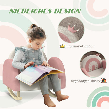 Children's rocking chair, velvet, pink, crown and rainbow decor