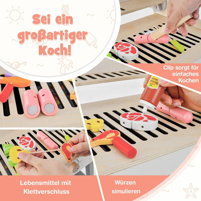 Children's barbecue play set, wooden play kitchen with bracket, 4 BBQ rods, toy barbecue set