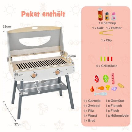 Children's barbecue play set, wooden play kitchen with bracket, 4 BBQ rods, toy barbecue set
