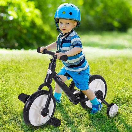 Balance bike for children with training wheels, adjustable seat