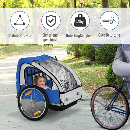 Bicycle stroller in steel frame for children, 2-seater with safety belt