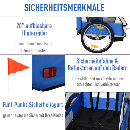 Bicycle stroller in steel frame for children, 2-seater with safety belt