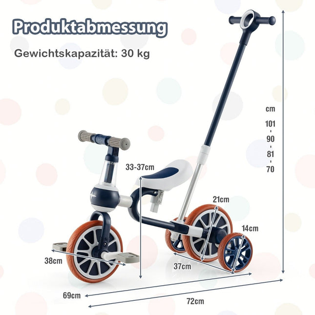 Children's bike 4-in-1 preschool bike with parent push handle 37 x 72 x 101 cm navy