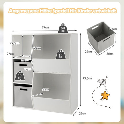 Children's bookcase 3-tier children's shelf with 2 boxes and 5 compartments 77 x 29 x 94 cm white + gray