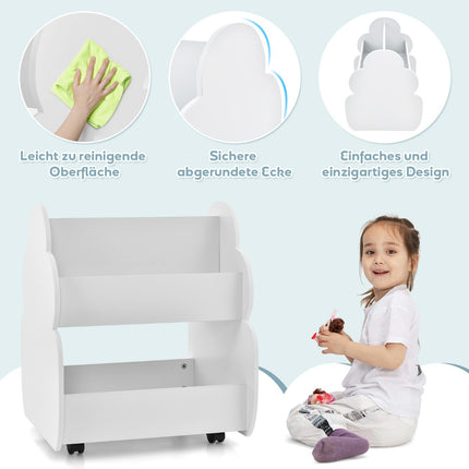 Children's bookcase on wheels Children's shelf with spacious storage space 52 x 47 x 63 cm White