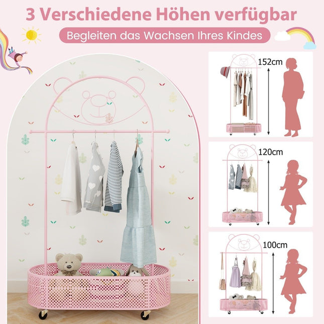 Wieszak na ubrania dla dzieci z regulacją wysokości od 130cm/150cm/182cm Wieszak na kółkach różowy