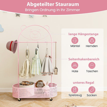 Children's clothes rack height adjustable from 130cm/150cm/182cm coat stand on wheels pink