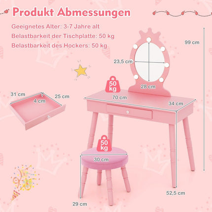 Children's dressing table with lighting 2 in 1 dressing table princess with removable mirror pink