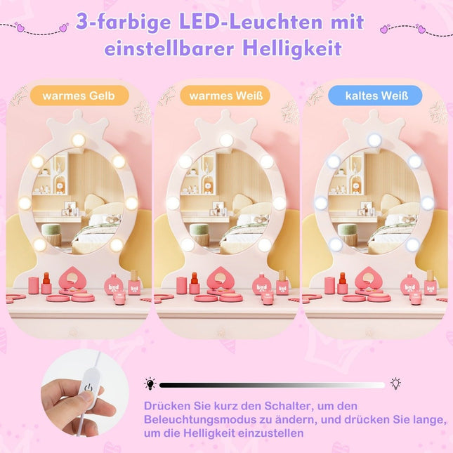 Children's dressing table with lighting 2 in 1 princess dressing table with removable mirror white