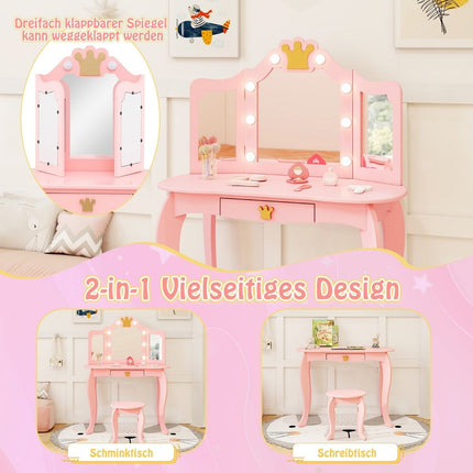 Children's dressing table with lighting, girls' dressing table with three-folding mirror, pink