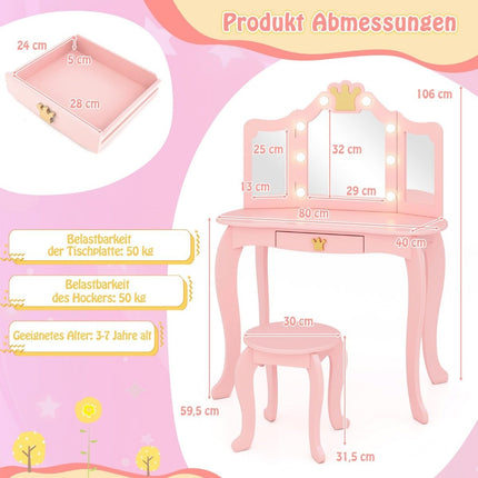 Children's dressing table with lighting, girls' dressing table with three-folding mirror, pink