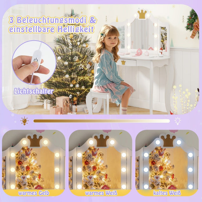 Children's dressing table with lighting, girls' dressing table with three-folding mirror, white