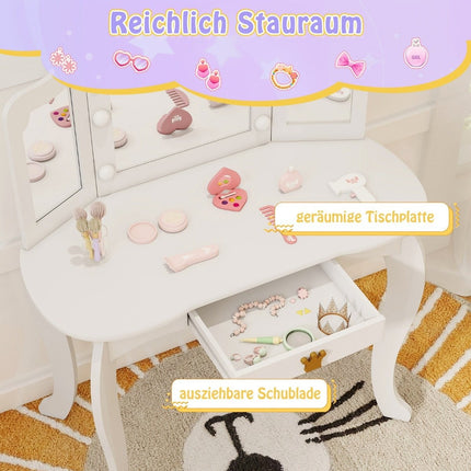 Children's dressing table with lighting, girls' dressing table with three-folding mirror, white