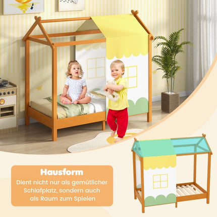 Children's house bed with roof & removable bed canopy & 12 solid wood slats floor bed frame